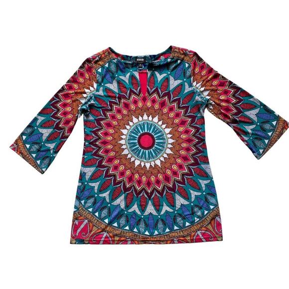 Nicole by Nicole Miller Red Green Bohemian Tropical Tunic 3/4 Sleeve Size Medium - Picture 1 of 6